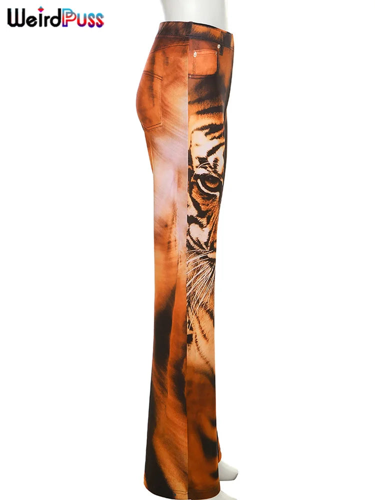 Seltsame Puss Tiger Print Flare Hosen Frauen 2023 Y2K Sommer Trend Dünne Elastische Wilden Casual Streetwear Grundlegende Hohe Taille Hose