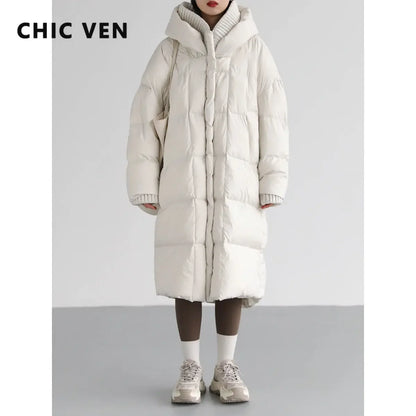 CHIC VEN – manteaux en duvet de canard blanc pour femmes, veste longue, ample, à capuche, blanche, épaisse et chaude, Parkas, automne hiver 90, coréen, 90