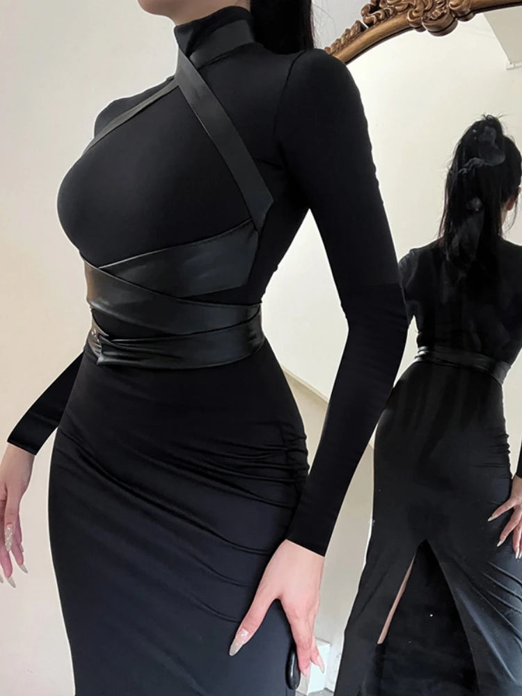 Robe longue noire moulante pour femmes, vêtements à col roulé, Slim, Sexy, Streetwear, taille haute, Patchwork, tenue d'automne