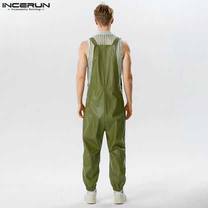 2023 männer Overalls Faux Leder Solide Ärmellose Streetwear Hosenträger Strampler Taschen Lose Mode Lässig Männlich Overalls INCERUN