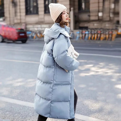 Veste en duvet de coton pour femmes, vêtements d'hiver, nouveau manteau coréen ample rembourré en coton, pardessus Long décontracté, épais et chaud, Parka à capuche, 2023