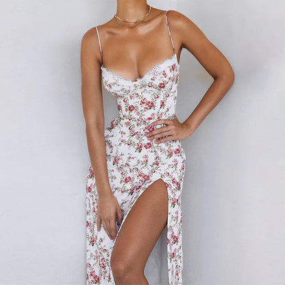 Hugcitar Rüschen Floral Print Slip Ärmelloses Rückenfreies Sexy Bodycon Schlitz Midi Kleid Sommer Elegante Kleidung Party Y2K Großhandel