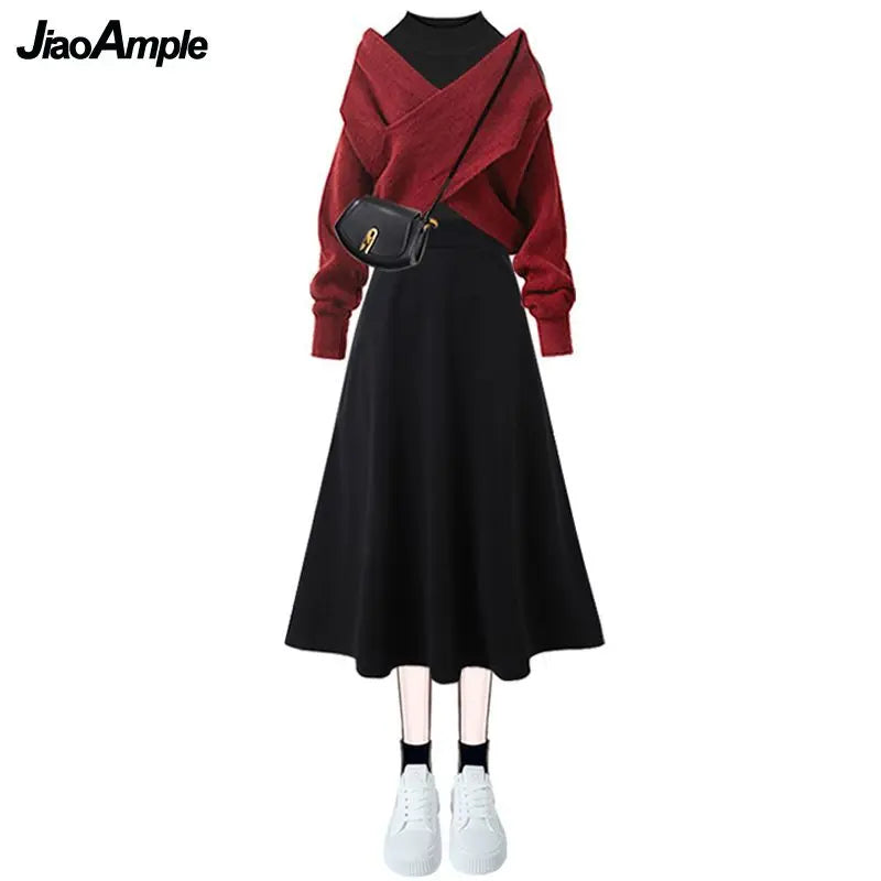 2023 Herbst/Winter Neue Koreanische Elegante Passenden Set Damenmode Kreuz Stricken Pullover + Unterhemd + Trägerkleid Dreiteiliger Anzug