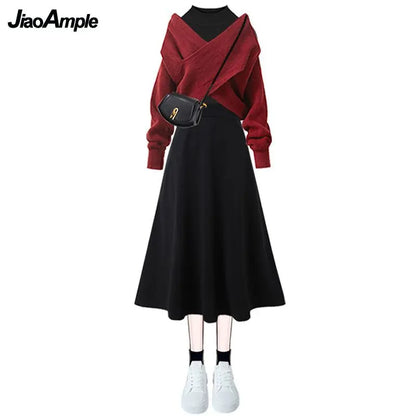 2023 Herbst/Winter Neue Koreanische Elegante Passenden Set Damenmode Kreuz Stricken Pullover + Unterhemd + Trägerkleid Dreiteiliger Anzug