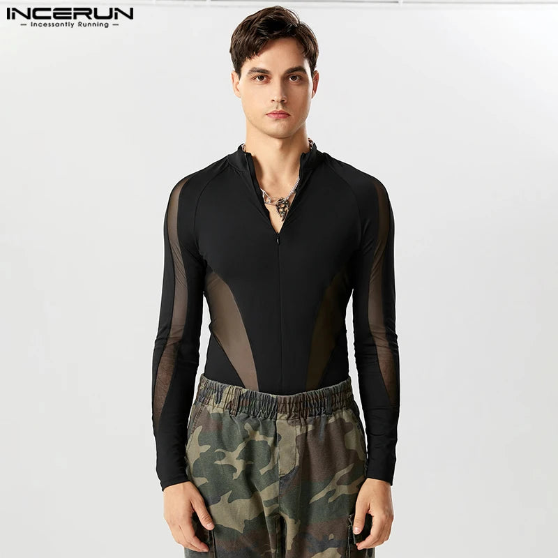 Body en maille Patchwork pour hommes, col en V, Streetwear, manches longues, fermeture éclair, t-shirt Transparent à la mode, INCERUN, 2023