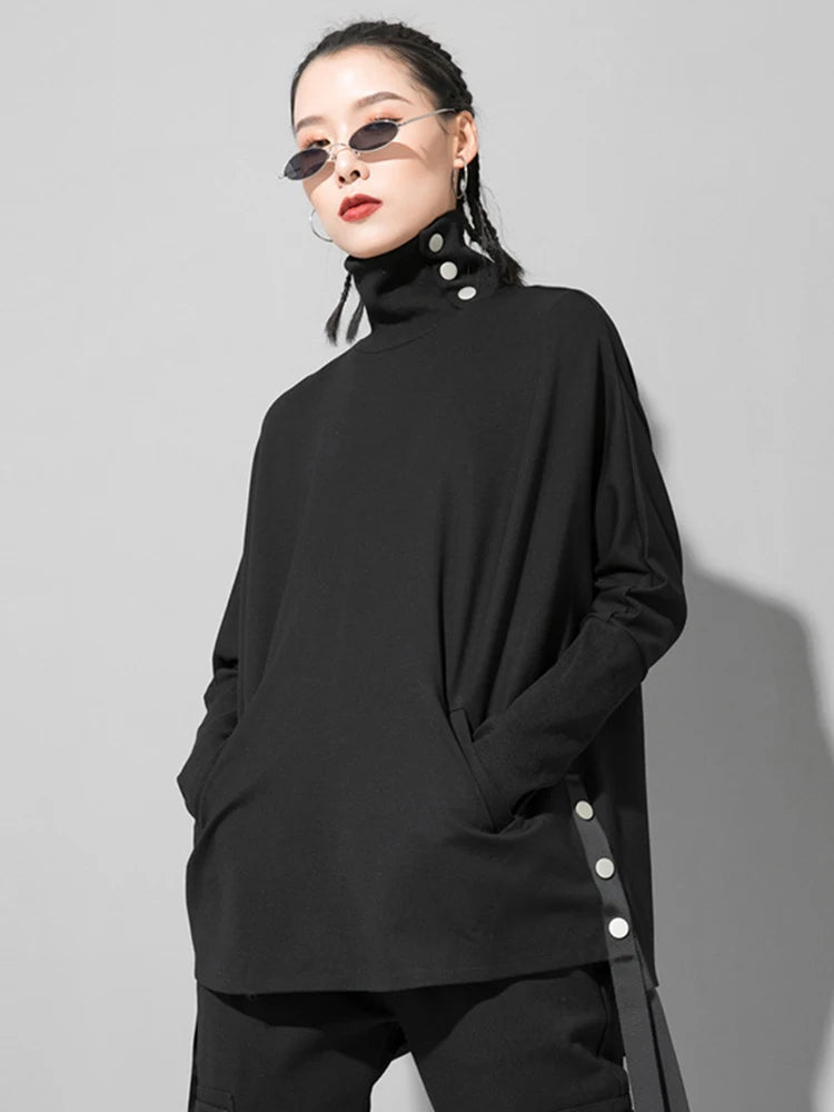 [EAM] Women Black Irregular Ribbon Big Size Casual T-shirt New Turtleneck Long Sleeve Fashion Tide Spring Autumn 2024 1DF5280