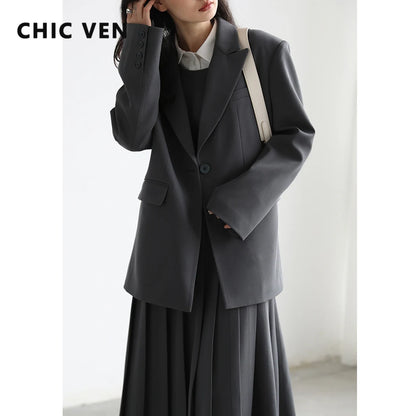 CHIC VEN – Blazer à larges épaules pour femme, ensemble deux pièces, manteau et robe plissée, nouvelle mode, printemps automne 2023, pour dame de bureau