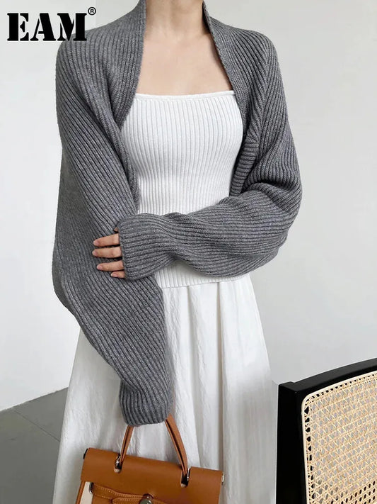 [EAM] Elegante Grau Stricken Strickjacke Pullover Lose Fit V-ausschnitt Langarm Frauen Neue Mode Flut Herbst Winter 2024 1DF2337