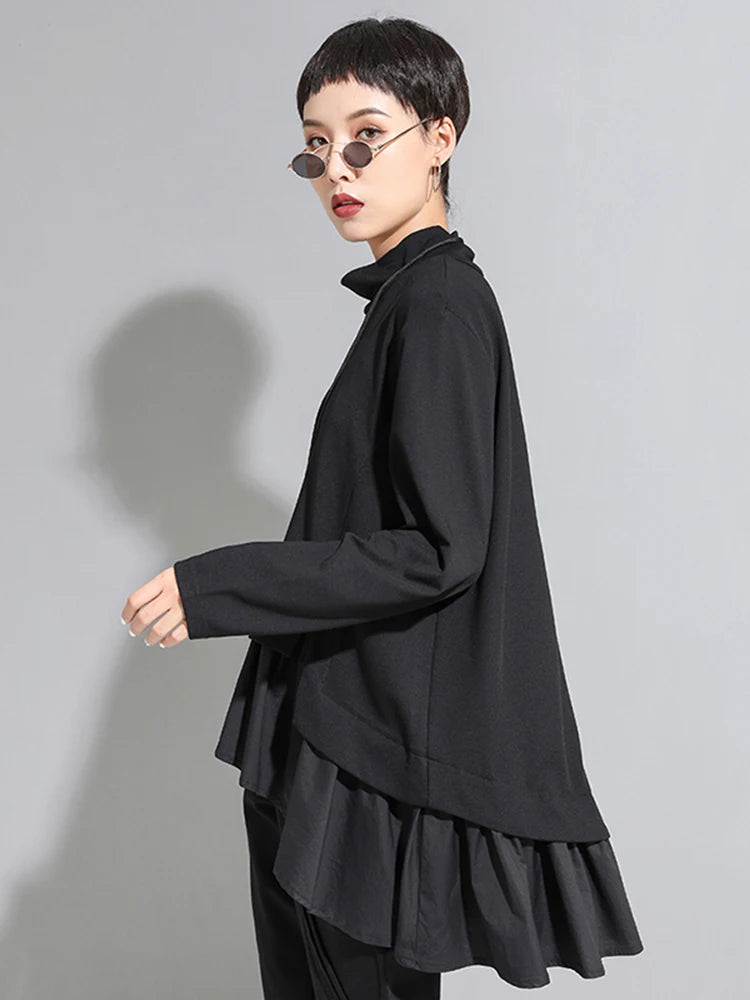 [EAM] coupe ample asymétrique volants sweat nouveau col haut manches longues femmes grande taille mode marée printemps automne 2024 1A529