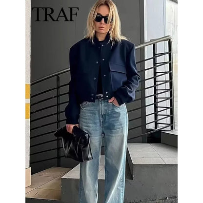 TRAF – veste bombardier Vintage à manches longues pour femmes, manteaux décontractés, couleur unie, Streetwear, élégant, revers, fermeture éclair, printemps, 2023