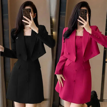 Junge Frauen Zwei Stücke Set Schlank Büro Dame 2023 Frühjahr Neue Hosenträger Kleid Elegante Kerb Blazer Mantel Top Übergroßen 4XL Koreanische