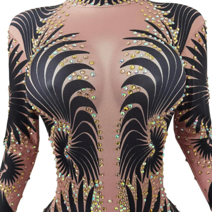 Sparkly Stone Feather Print Jumpsuit Frauen Sexy Geburtstagsparty Bodysuit Ballkleider Pole Dancer Performance Kostüm Feibiao