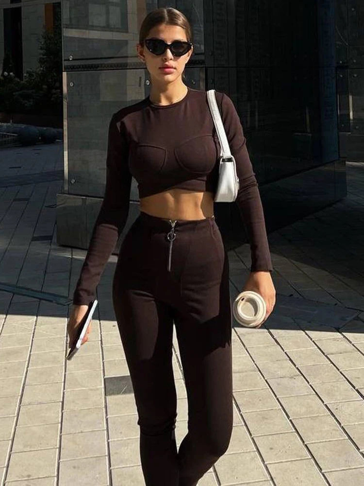 Articat Autumn/Winter Long sleeved Pants Tight Zipper Two Piece Crop top Women Elastic Casual Fashion Set Female Street Clothing