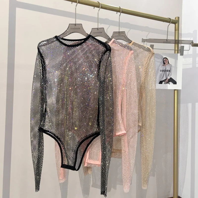 Body en résille transparent avec strass brillant pour femme, body Sexy en maille à la mode