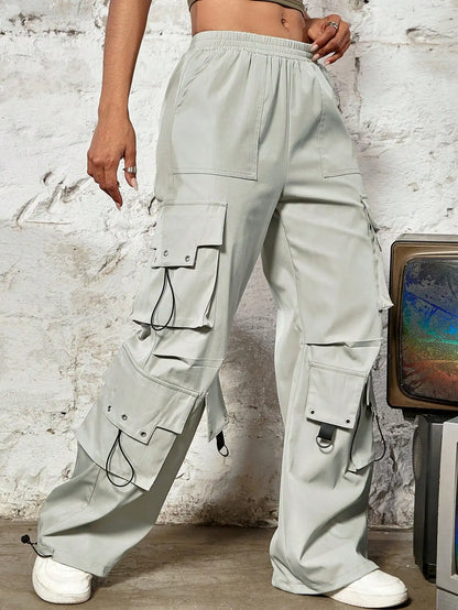 Y2k 2023 High Street Trend Hip Pop Flap Pocket Side Solid Color Elastic Waist Loose Straight Cargo Pants Streetwear