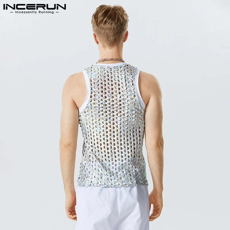 2023 männer Tank Tops Funkelnden Oansatz Ärmellose Streetwear Aushöhlen Westen Sommer Sexy Mode Party Männer Kleidung S-5XL INCERUN