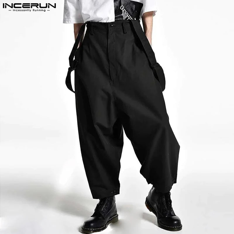 2023 Men Jumpsuits Solid Oversize Korean Sleeveless Streetwear Straps Rompers Fashion Casual Men Wide Leg Overalls S-5XL INCERUN