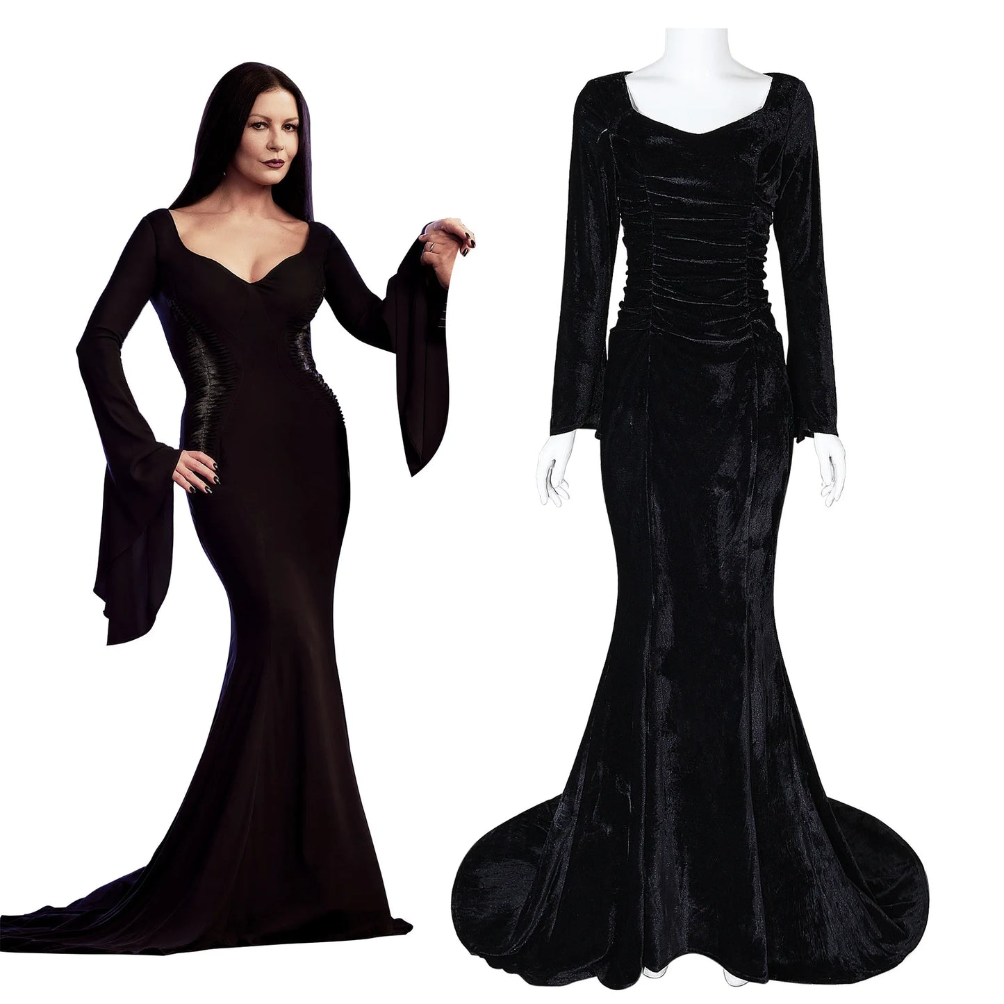 Disfraz de Cosplay de Morticia pour femmes, robe noire Sexy ajustée, robe de nuit de fête pour Halloween et Carnaval Cos