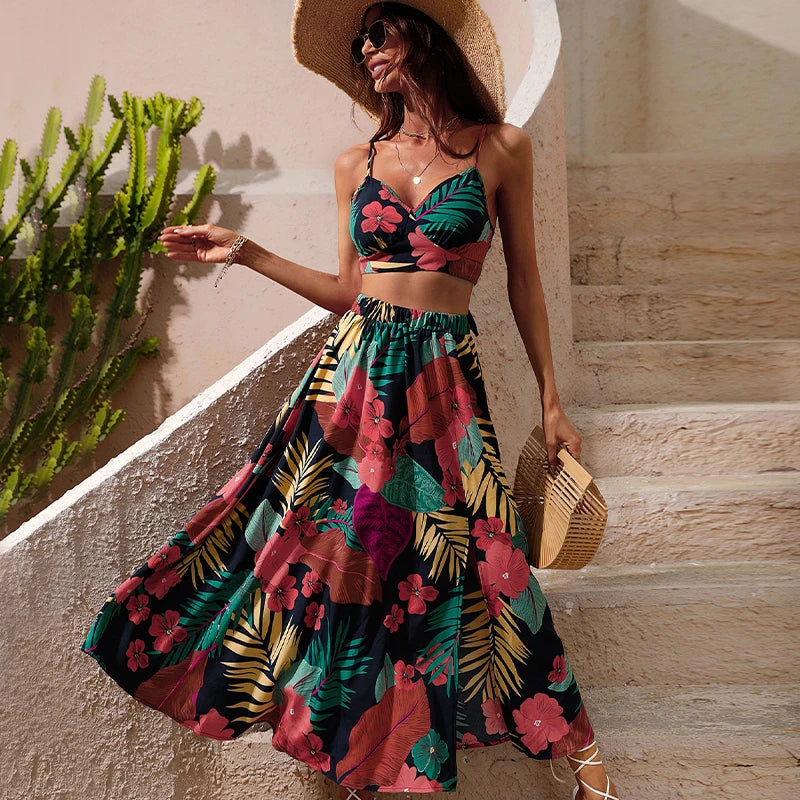 Y2K Bikini Crop Tops Long Dress Sexy Set for Women Summer Fashion Two Pieces Skirt Beach Style Floral Print Midi Sexy Boho Sets