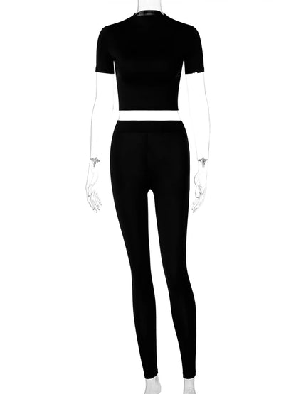 Hugcitar Solid Women 2 Piece Set Short Sleeve Crop Top High Waist Leggings Outfits Sportswear Matching Co ords Suit Clothes