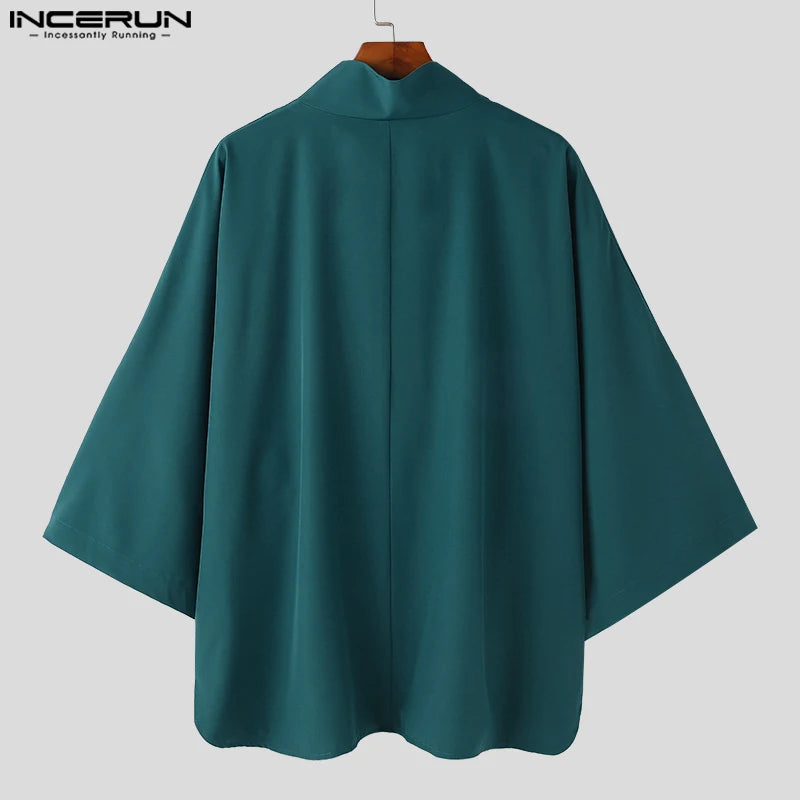 INCERUN – chemise à col roulé pour hommes, couleur unie, manches 2023, vêtements coréens décontractés, Streetwear, ample, à la mode, chemises irrégulières, 3/4