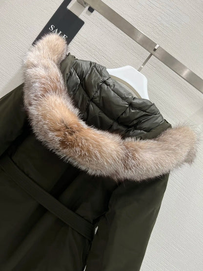 Women's Clothing Fox fur collar hooded double zip puller multi-pocket belt waist mid-length down jacket Winter New  NO.3