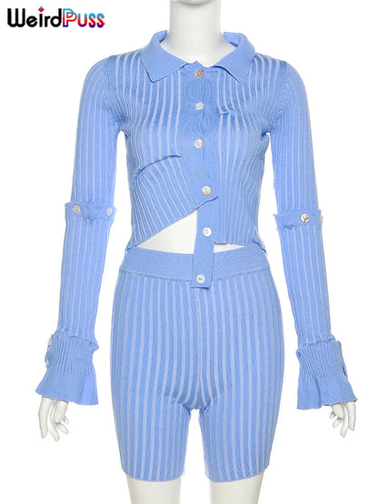 Weird Puss Crochet Striped Casual Women 2 Piece Set Long Sleeve Skinny Button Tops+High Waist Bottoms Matching Street Sportswear