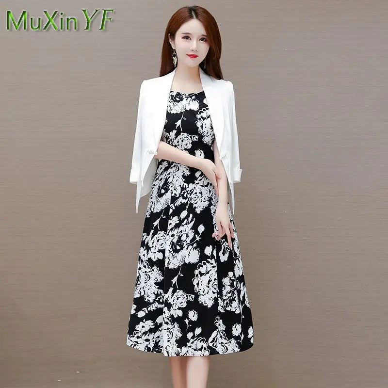 Women's Fashion Suit Coat + Chiffon Floral Dress Two Piece 2022 Fall New Korean Elegant Casual Professional Blazersa Skirt Set