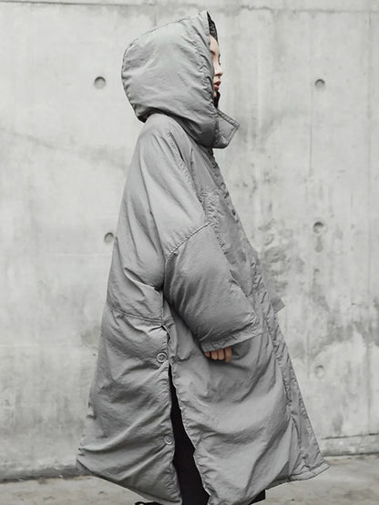 [EAM] Mit Kapuze Baumwolle gefütterte Grau Große Größe Lange Warme Mantel Lange Hülse Lose Fit Frauen Parkas Mode herbst Winter 2024 JE02002