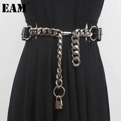 [EAM]  Pu Leather Black Thick Metal Chain Long Wide Belt Personality Women New Fashion Tide All-match Spring Autumn 2024 1DD9566