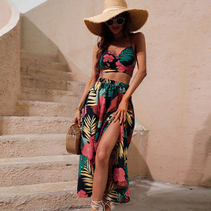 Y2K Bikini Crop Tops Long Dress Sexy Set for Women Summer Fashion Two Pieces Skirt Beach Style Floral Print Midi Sexy Boho Sets