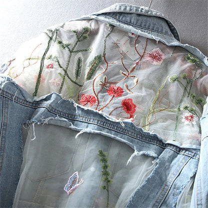 Chaquetas Mujer été printemps Streetwear broderie dentelle Patchwork Sexy veste en jean femmes effiloché gland ample jean manteau Femme