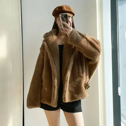 Top Quality Max Teddy Short Women's Coat,88% Camel Velvet 12% Mulberry Silk,Winter Women Camel Teddy Jacket,Winter Clothes Women