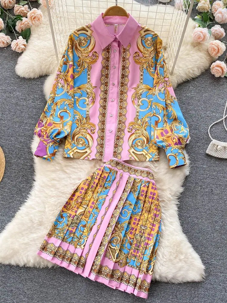 Costume d'été élégant pour femmes, manches bouffantes, revers à perles, petit haut blanc + imprimé floral, robe de bal en maille, jupes à ceinture, ensemble 2 pièces