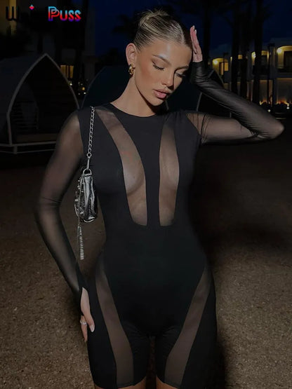 Seltsame Puss Mesh Sheer Frauen Strampler Volle Hülse Rundhals Sexy Ein Stück Bodycon 2023 Sommer Trend Club Streetwear Rave outfits