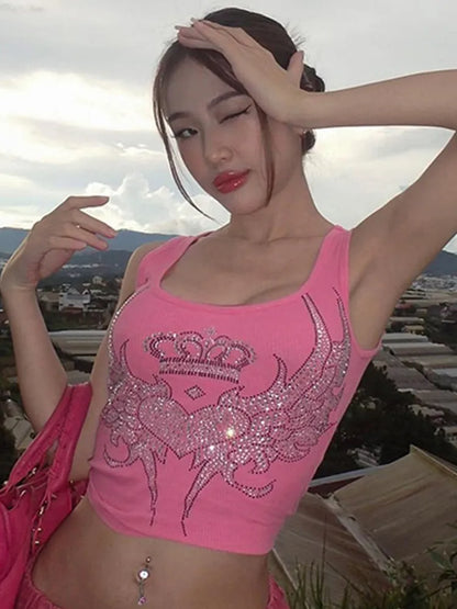 Hugcitar Flügel Strass Geripptes Crop Top Für Frauen 2023 Sommer Y2K Kleidung Rosa Tanks Streetwear Sexy Kleidung Drop Shipping