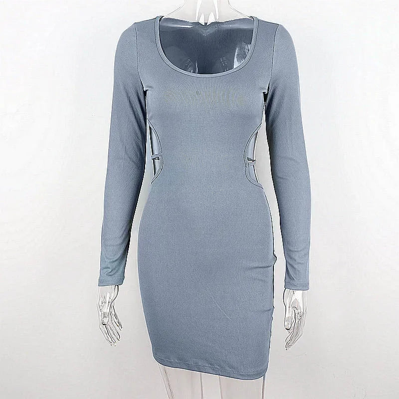 NEONBABIPINK Blue Bodycon Dresses for Women 2023 Spring Fashion Cut Out Lace Up Backless V Neck Long Sleeve Mini Dres N33-BH23