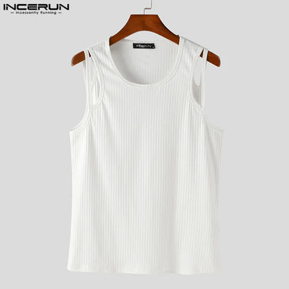 2023 männer Tank Tops Einfarbig Oansatz Ärmellose Fitness Aushöhlen Westen Streetwear Fashion Casual Männer Kleidung S-5XL INCERUN