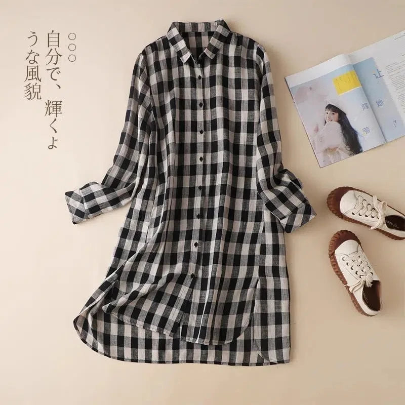 Black Plaid Vintage Cotton Linen Loose Turn-down Collar Women's Dress Korean Fashion Long Sleeve Knee Length Dresses For Women