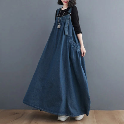 2024 neue Frauen Mode Frühjahr Herbst Lange Kleid Retro Lose Abnehmen Denim Hosenträger Rock Kleider Lange Große Schaukel Kleid y2k