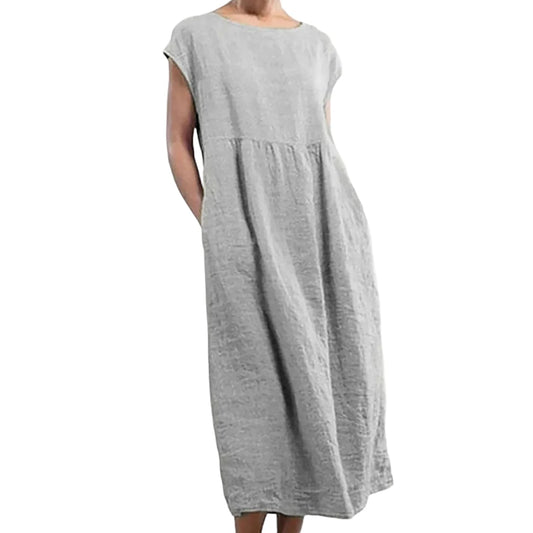 Robe trapèze en coton et lin pour femmes, manches courtes, col rond, taille ample, poches, mi-mollet, décontractée, ample, grande taille 5XL