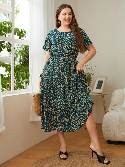 Mode grande taille femmes vêtements robe d'été col rond imprimé fleuri robes mi-longues urbain élégant décontracté dames grande taille robe longue