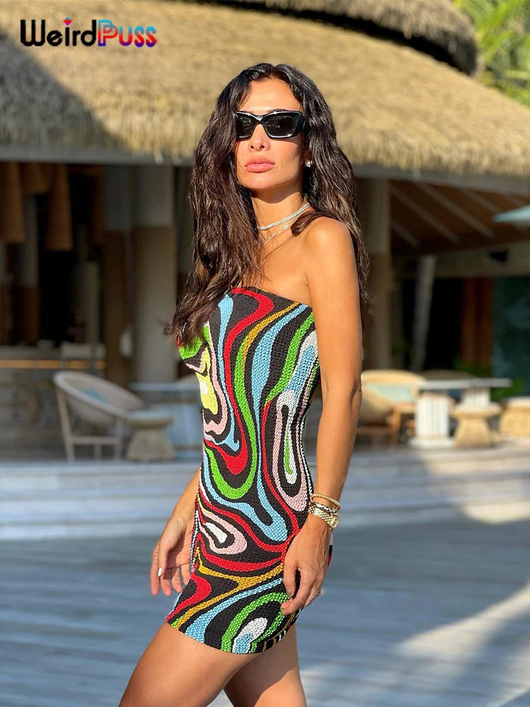 Seltsame Puss Bunte Print Frauen Sexy Kleid Ärmellose Dünne Stretchy Schlank 2023 Sommer Mode Urlaub Y2K Streetwear Bodycon