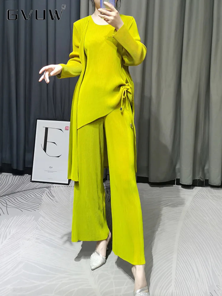 GVUW Pleated Three Piece Set For Women O-neck Drawstring Top Solid Color Coat Wide Leg Pants 2024 Summer Female Clothing 17J0719