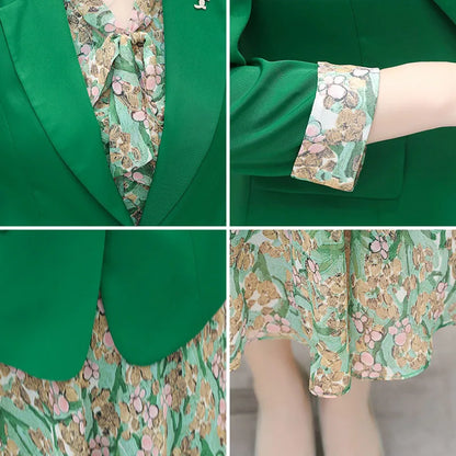 Ensemble 2 pièces élégant à fleurs pour femmes, costume de bureau coréen, Blazer fin sans doublure et robes imprimées sans manches, tenues décontractées