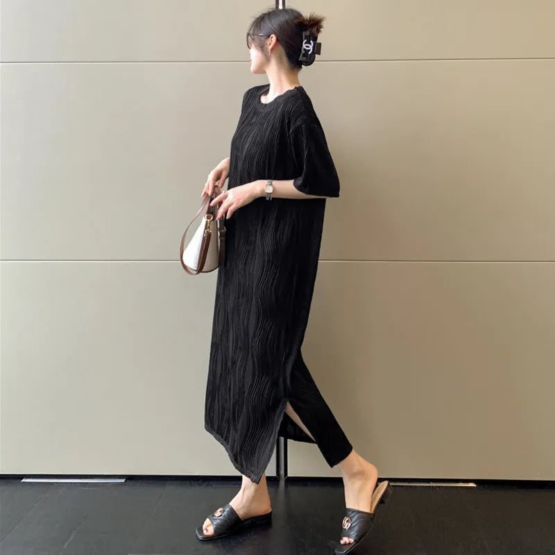 #6171 Black Pleated Long T Shirt Dress Short Sleeve Loose Streetwear Ladies Dresses O-neck Preppy Style Straight Tshirt Dress