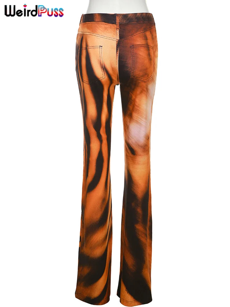 Seltsame Puss Tiger Print Flare Hosen Frauen 2023 Y2K Sommer Trend Dünne Elastische Wilden Casual Streetwear Grundlegende Hohe Taille Hose