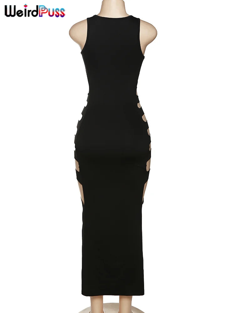 Seltsame Puss Hohl Sexy Kleid Frauen Sommer Neue Ärmel Split Solide Dünne Stretch Maxi Bodycon Clubwear Coquette Schlanke Vestidos