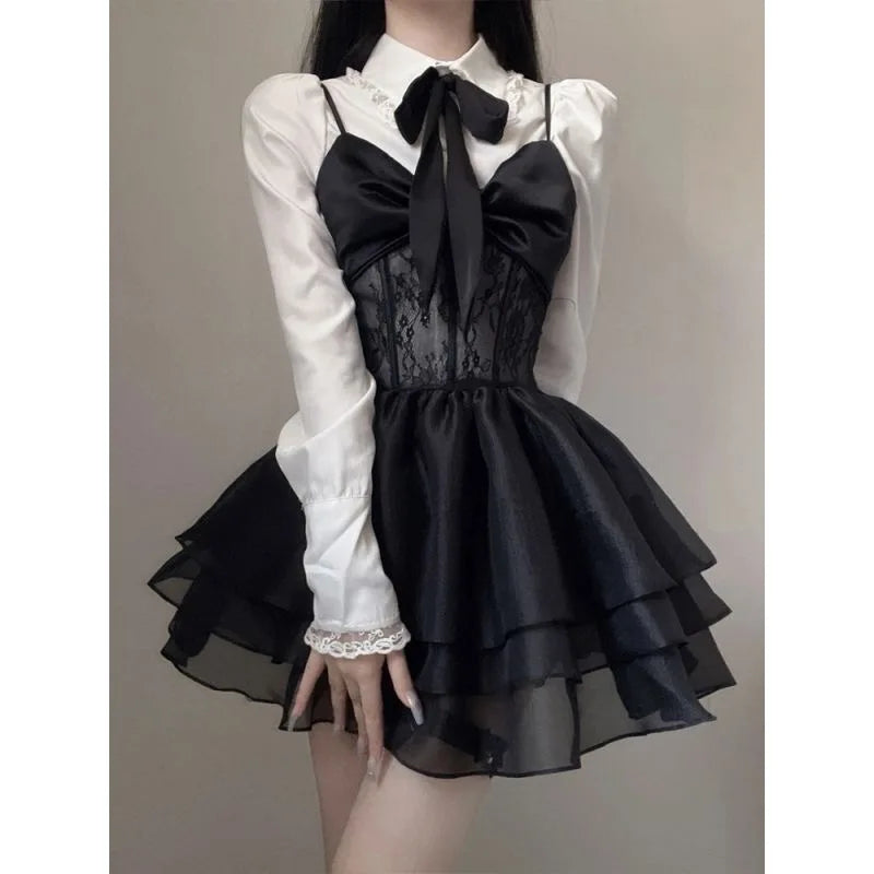 Ensemble Mini robe Lolita en dentelle noire, T-Shirt blanc, vêtements gothiques esthétiques, mode coréenne, tenues d'automne pour femmes, robe de bal de printemps avec nœud