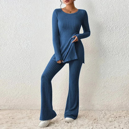 Tops + Hosen Sets für Frauen 2 Stück Outfit 2023 Herbst Winter Kleidung Elegante Weibliche Langarm Hemd Breite Bein Hosen anzug